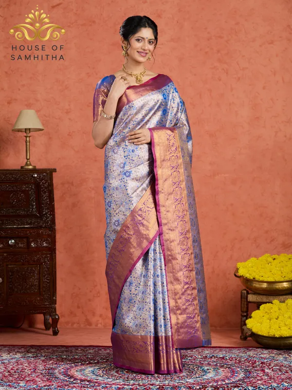 Cobalt_Blue_Tissue_Brocade_Semi-Kanchi_Pattu_Saree_With_Majestic_Lavender_Contrast_Border