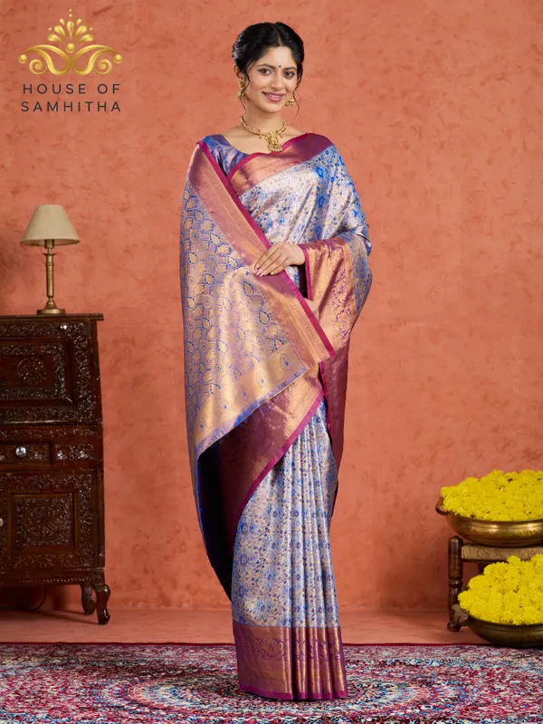 Cobalt_Blue_Tissue_Brocade_Semi-Kanchi_Pattu_Saree_With_Majestic_Lavender_Contrast_Border