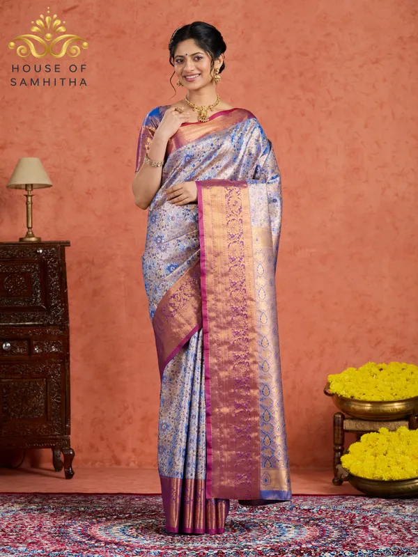 Cobalt_Blue_Tissue_Brocade_Semi-Kanchi_Pattu_Saree_With_Majestic_Lavender_Contrast_Border