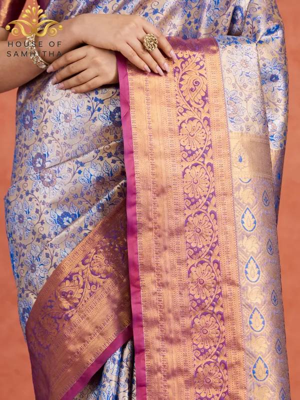 Cobalt_Blue_Tissue_Brocade_Semi-Kanchi_Pattu_Saree_With_Majestic_Lavender_Contrast_Border
