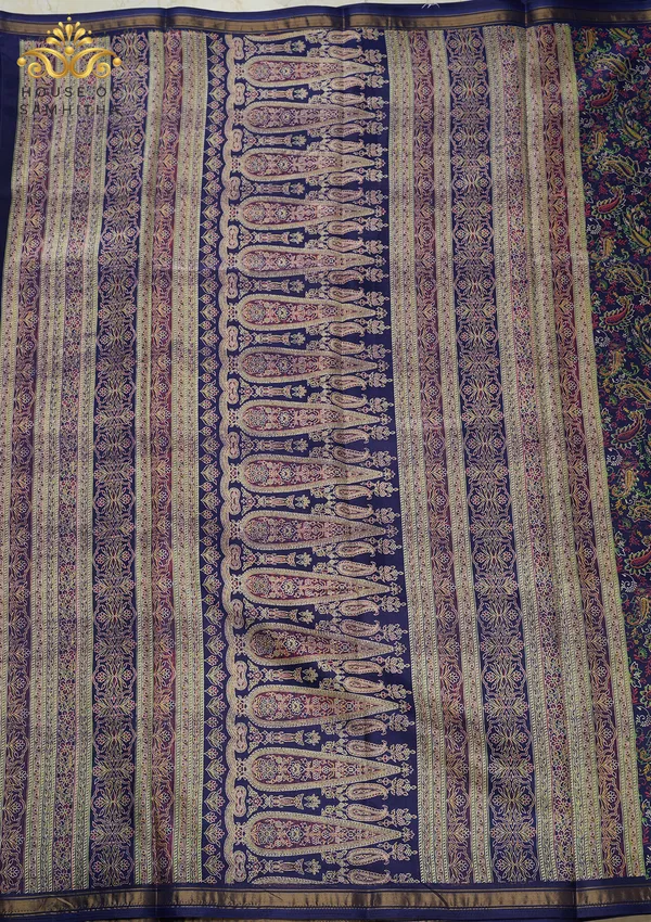 Navy_Blue_Dola_Silk_Saree_Featuring_Multi-Color_Kalamkari_Paisley_Print_And_Zari_Border
