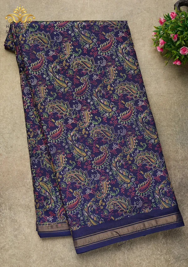 Navy_Blue_Dola_Silk_Saree_Featuring_Multi-Color_Kalamkari_Paisley_Print_And_Zari_Border