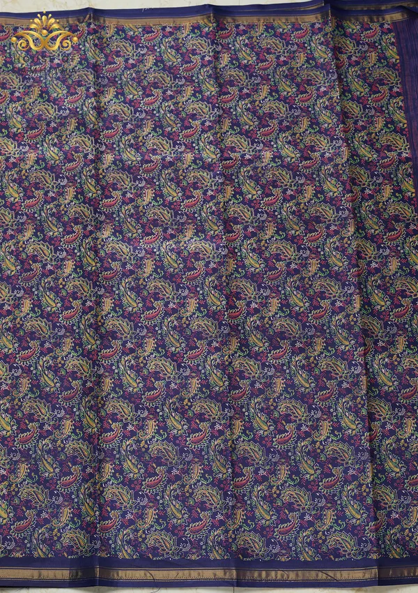Navy_Blue_Dola_Silk_Saree_Featuring_Multi-Color_Kalamkari_Paisley_Print_And_Zari_Border