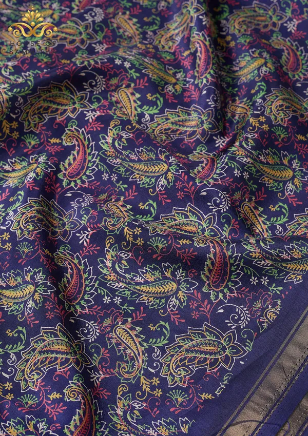 Navy_Blue_Dola_Silk_Saree_Featuring_Multi-Color_Kalamkari_Paisley_Print_And_Zari_Border