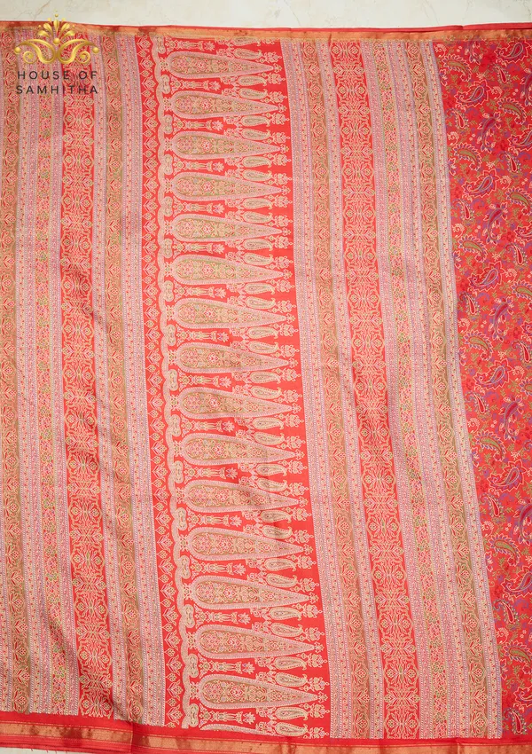 Radiant_Orange_Dola_Silk_Saree_Featuring_Multi-Color_Kalamkari_Paisley_Art_And_Zari_Border