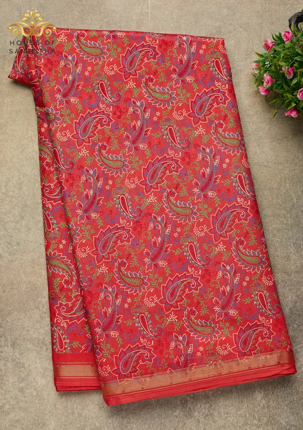 Radiant_Orange_Dola_Silk_Saree_Featuring_Multi-Color_Kalamkari_Paisley_Art_And_Zari_Border