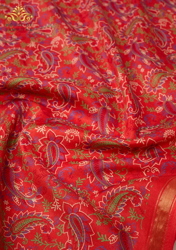 Radiant_Orange_Dola_Silk_Saree_Featuring_Multi-Color_Kalamkari_Paisley_Art_And_Zari_Border