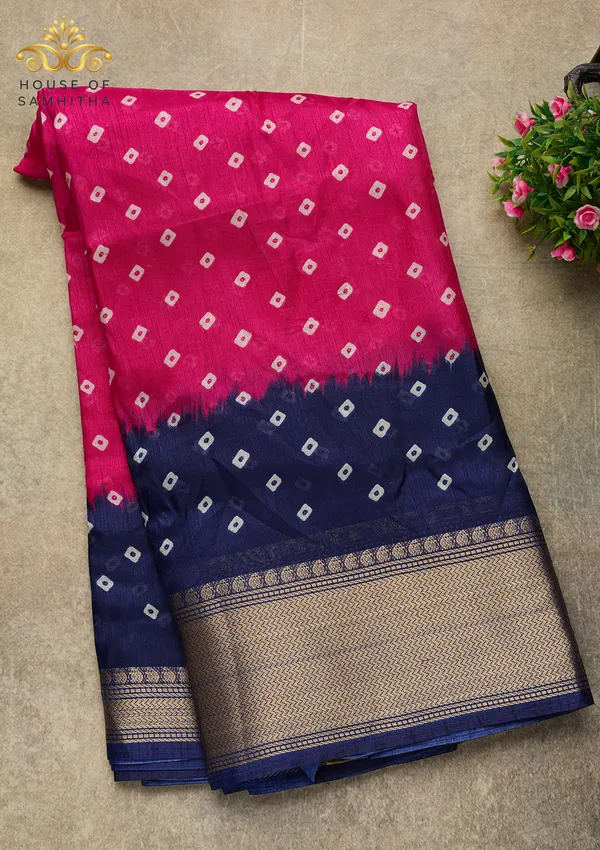 Rani_Pink_Dola_Silk_Saree_With_Navy_Blue_Bandhani_Print_And_Antique_Gold_Zari_Border