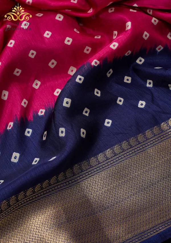 Rani_Pink_Dola_Silk_Saree_With_Navy_Blue_Bandhani_Print_And_Antique_Gold_Zari_Border
