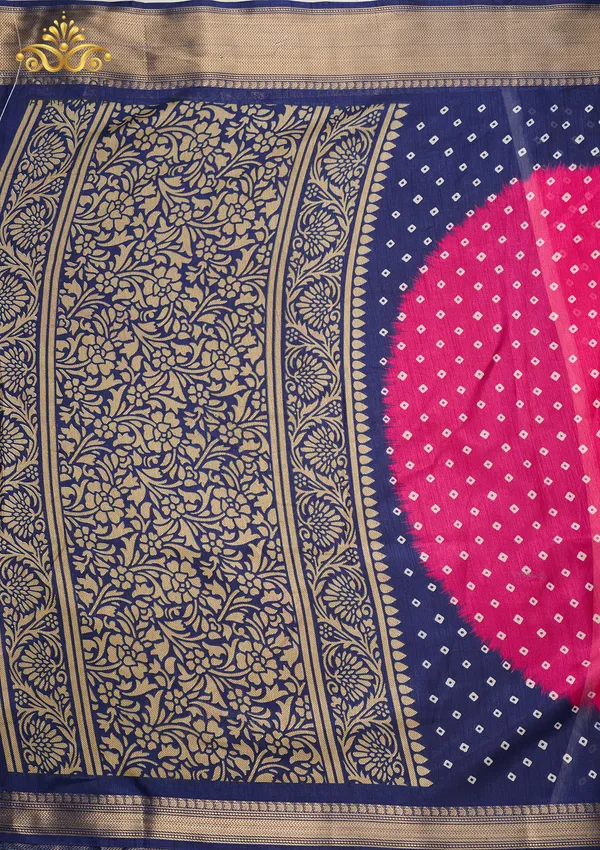 Rani_Pink_Dola_Silk_Saree_With_Navy_Blue_Bandhani_Print_And_Antique_Gold_Zari_Border