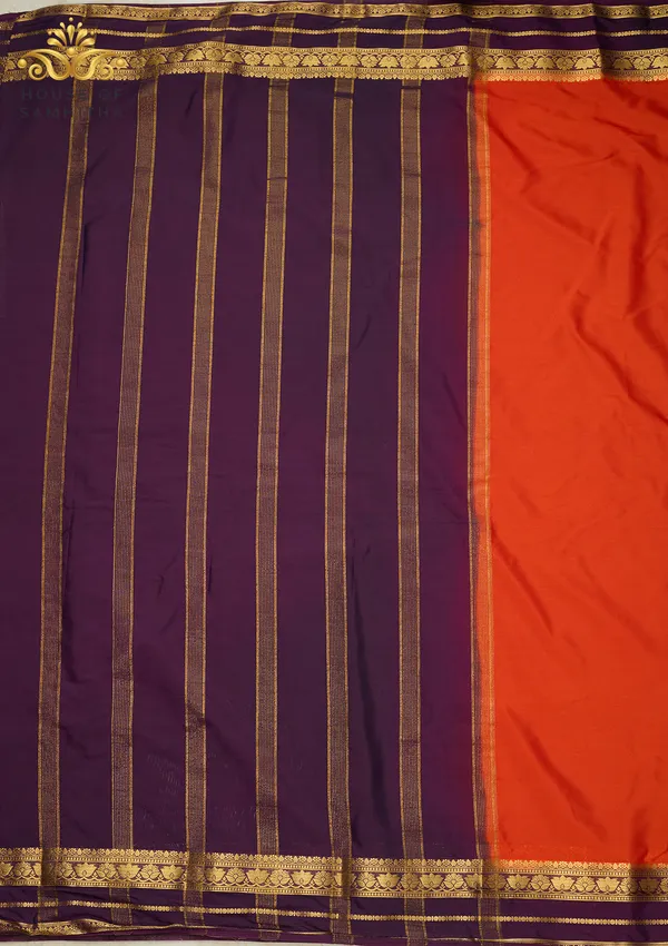 Radiant_Orange_Semi-Crape_Silk_Saree_Featuring_A_Contrast_Purple_And_Gold_Zari_Border