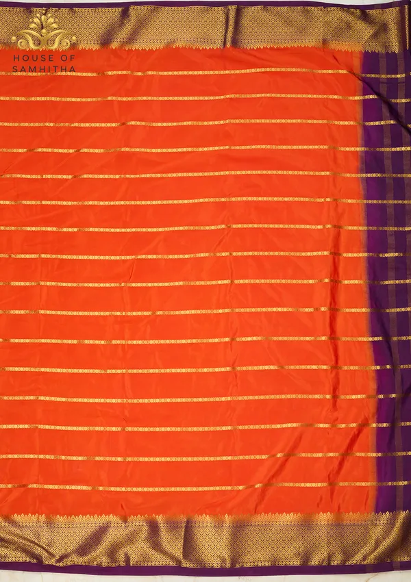 Radiant_Orange_Semi-Crepe_Silk_Saree_With_Horizontal_Zari_Stripes_And_Rich_Purple_Border