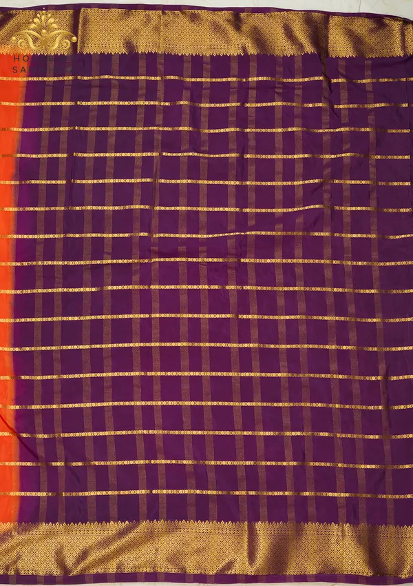 Radiant_Orange_Semi-Crepe_Silk_Saree_With_Horizontal_Zari_Stripes_And_Rich_Purple_Border