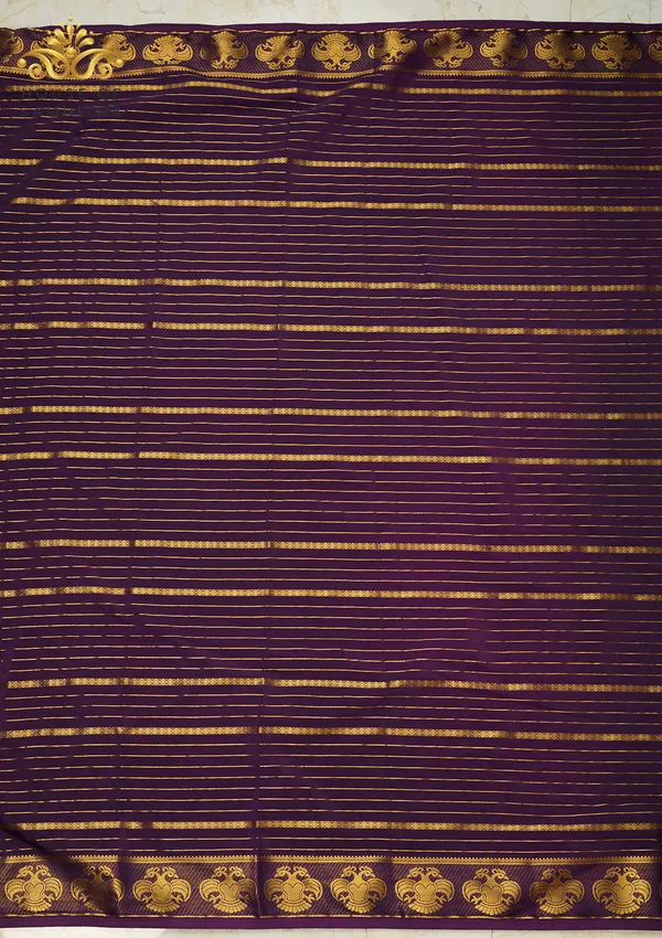 Radiant_Orange_Semi-Crepe_Silk_Saree_With_Horizontal_Zari_Stripes_And_Rich_Purple_Gandaberunda_Border