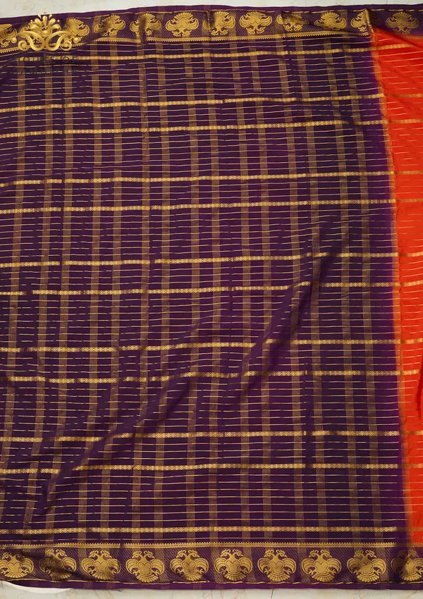 Radiant_Orange_Semi-Crepe_Silk_Saree_With_Horizontal_Zari_Stripes_And_Rich_Purple_Gandaberunda_Border