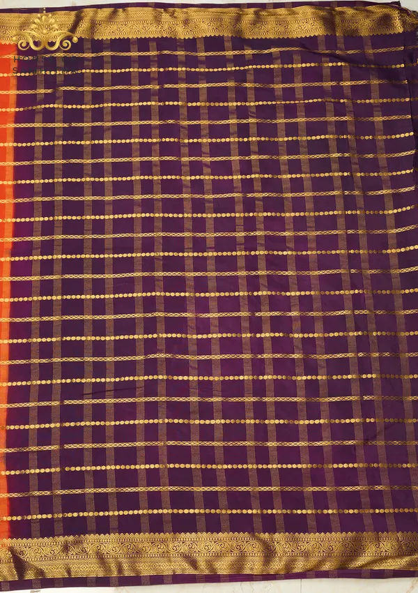 Radiant_Orange_Semi-Crepe_Silk_Saree_With_Horizontal_Zari_Stripes_And_Rich_Purple_Border