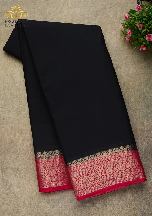Timeless_Black_Semi-Crape_Silk_Saree_Featuring_A_Contrast_Cherry_Red_Zari_Border