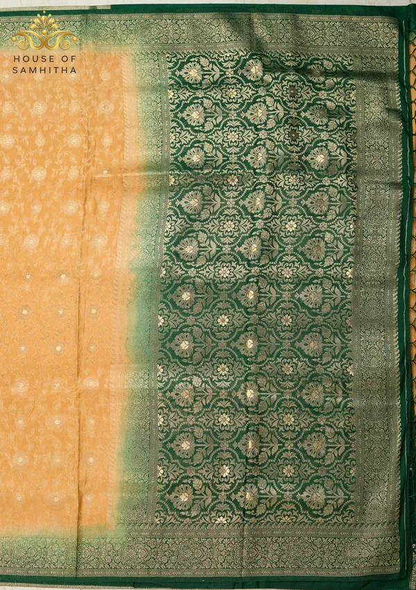 Majestic_Mustard_Gold_Banarasi_Imitation_Semi-Silk_Saree_With_Floral_Zari_Brocade_And_Contrast_Bottle_Green_Border