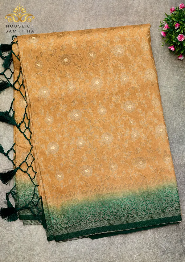 Majestic_Mustard_Gold_Banarasi_Imitation_Semi-Silk_Saree_With_Floral_Zari_Brocade_And_Contrast_Bottle_Green_Border