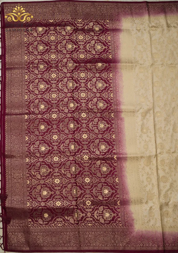 Elegant_Cream_Banarasi_Imitation_Semi-Silk_Saree_With_Floral_Zari_Brocade_And_Contrast_Magenta_Border