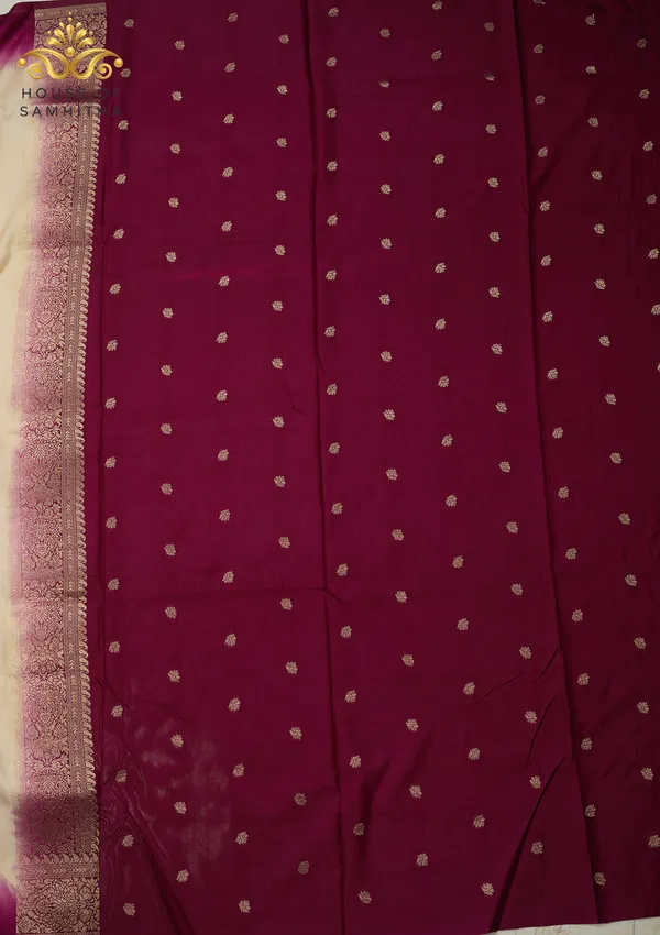 Elegant_Cream_Banarasi_Imitation_Semi-Silk_Saree_With_Floral_Zari_Brocade_And_Contrast_Magenta_Border
