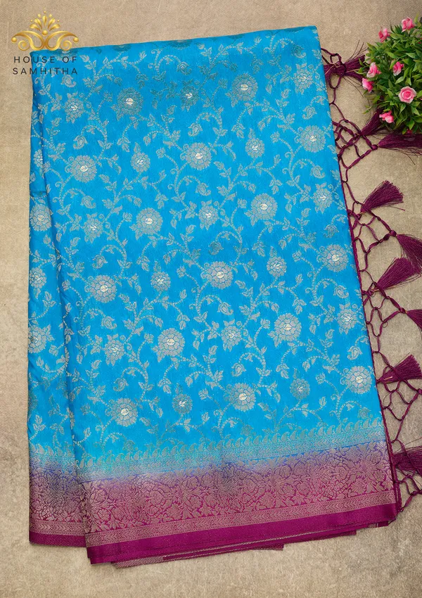 Radiant_Sky_Blue_Banarasi_Imitation_Semi-Silk_Saree_With_Floral_Zari_Brocade_And_Contrast_Magenta_Border