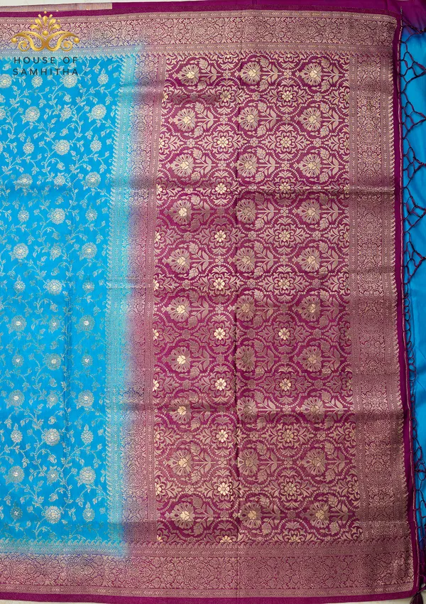 Radiant_Sky_Blue_Banarasi_Imitation_Semi-Silk_Saree_With_Floral_Zari_Brocade_And_Contrast_Magenta_Border