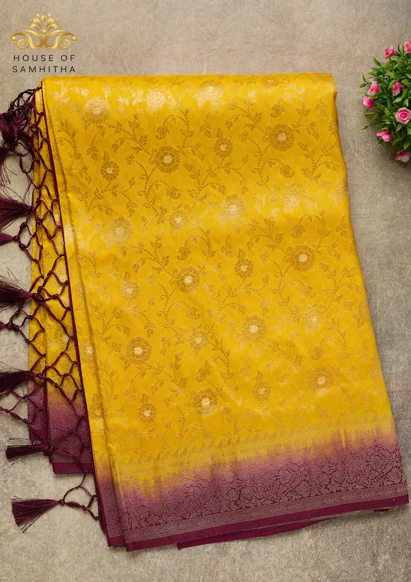 Radiant_Golden_Yellow_Banarasi_Imitation_Semi-Silk_Saree_With_Floral_Zari_Brocade_And_Contrast_Wine_Border
