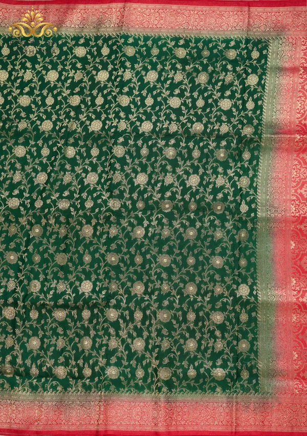 Exquisite_Bottle_Green_Banarasi_Imitation_Semi-Silk_Saree_With_Floral_Zari_Brocade_And_Contrast_Red_Border
