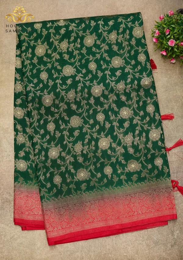 Exquisite_Bottle_Green_Banarasi_Imitation_Semi-Silk_Saree_With_Floral_Zari_Brocade_And_Contrast_Red_Border