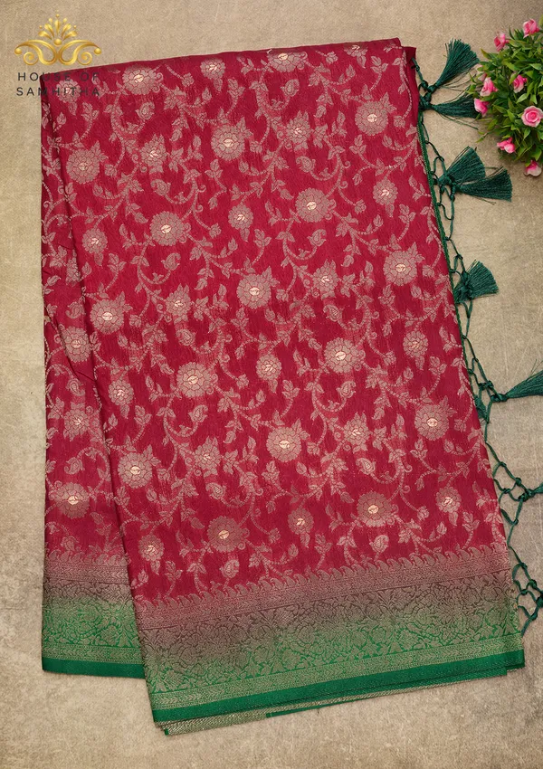 Exquisite_Wine_Banarasi_Imitation_Semi-Silk_Saree_With_Floral_Zari_Brocade_And_Contrast_Green_Border