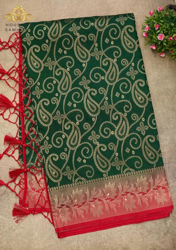 Exquisite_Bottle_Green_Banarasi_Imitation_Semi-Silk_Saree_With_Floral_Zari_Brocade_And_Contrast_Red_Border
