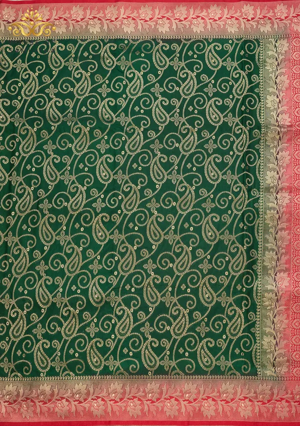 Exquisite_Bottle_Green_Banarasi_Imitation_Semi-Silk_Saree_With_Floral_Zari_Brocade_And_Contrast_Red_Border
