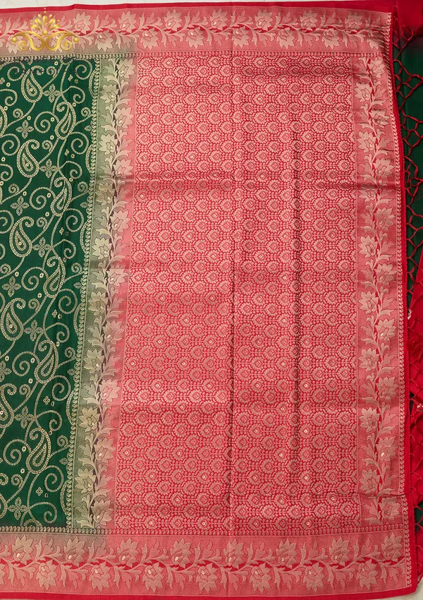 Exquisite_Bottle_Green_Banarasi_Imitation_Semi-Silk_Saree_With_Floral_Zari_Brocade_And_Contrast_Red_Border