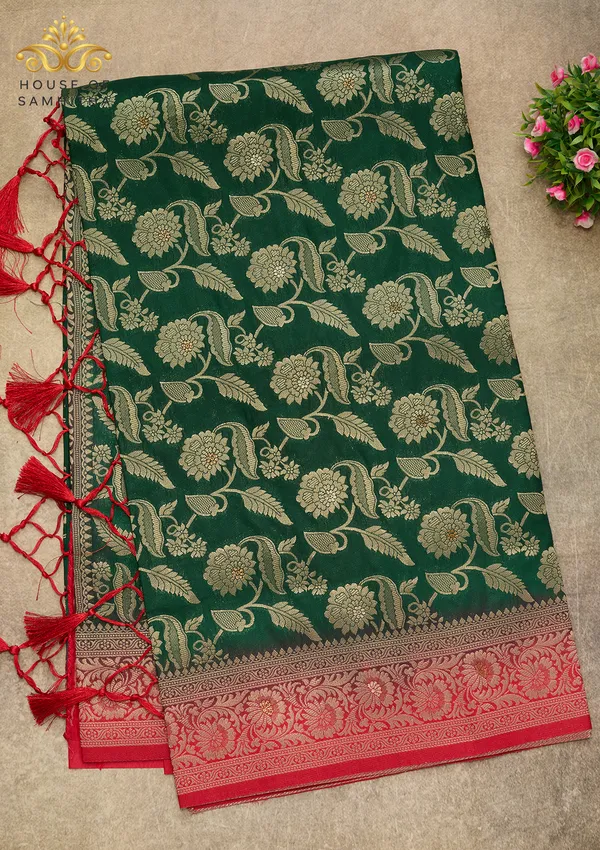 Exquisite_Bottle_Green_Banarasi_Imitation_Semi-Silk_Saree_With_Floral_Zari_Brocade_And_Contrast_Red_Border
