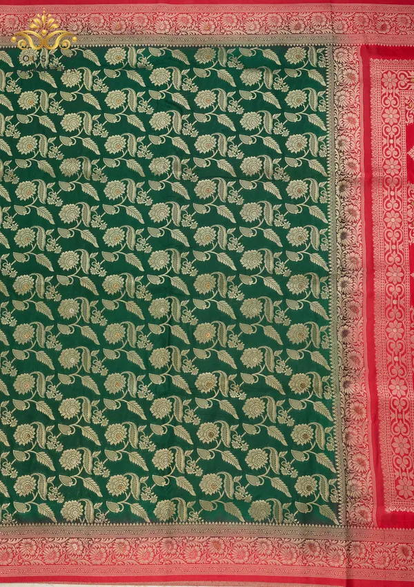 Exquisite_Bottle_Green_Banarasi_Imitation_Semi-Silk_Saree_With_Floral_Zari_Brocade_And_Contrast_Red_Border