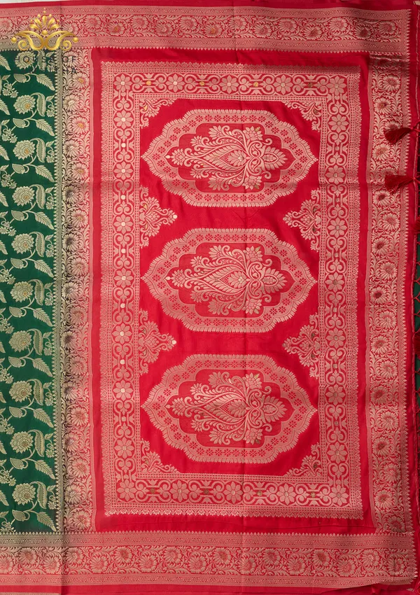 Exquisite_Bottle_Green_Banarasi_Imitation_Semi-Silk_Saree_With_Floral_Zari_Brocade_And_Contrast_Red_Border