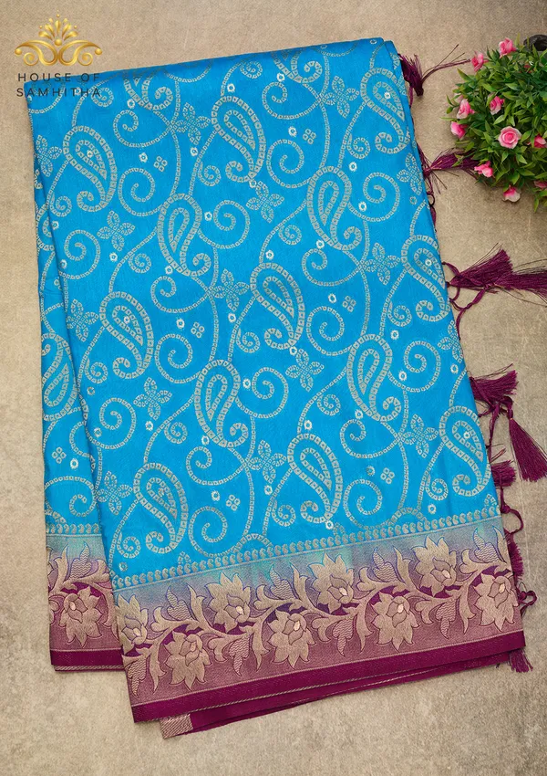 Radiant_Sky_Blue_Banarasi_Imitation_Semi-Silk_Saree_With_Floral_Zari_Brocade_And_Contrast_Magenta_Border