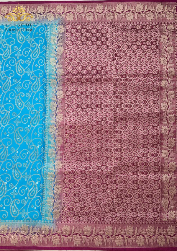 Radiant_Sky_Blue_Banarasi_Imitation_Semi-Silk_Saree_With_Floral_Zari_Brocade_And_Contrast_Magenta_Border