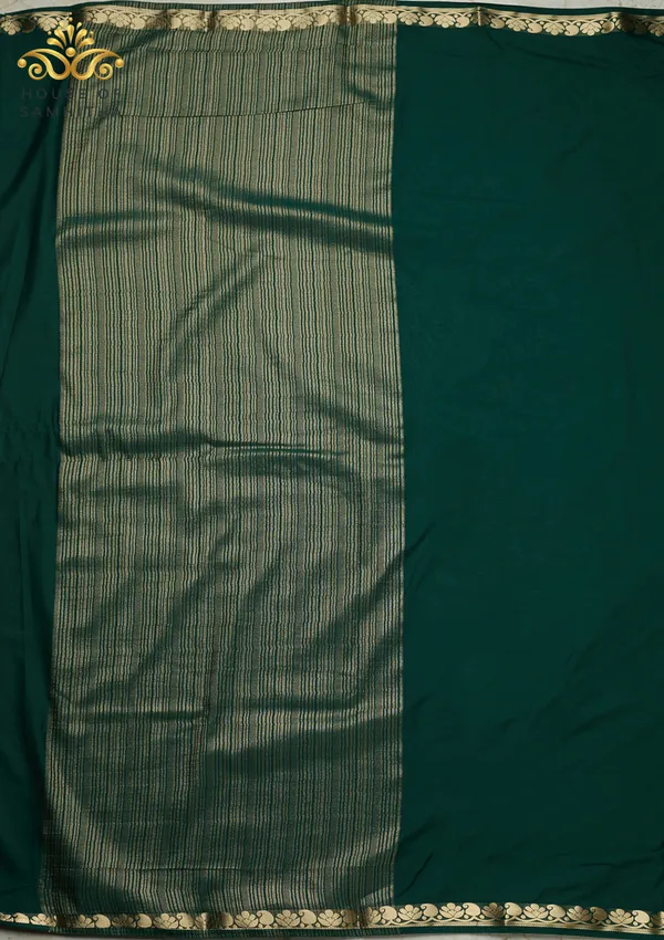 Regal_Bottle_Green_Semi-Crape_Saree_With_Lotus_And_Paisley_Gold_Zari_Border