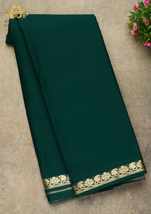 Regal_Bottle_Green_Semi-Crape_Saree_With_Lotus_And_Paisley_Gold_Zari_Border