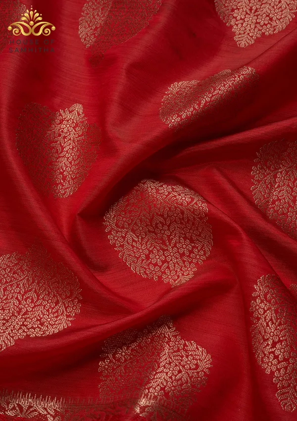 Elegant_Crimson_Red_Semi-Tussar_Silk_Saree_With_Antique_Gold_Zari_Butas_And_Floral_Border