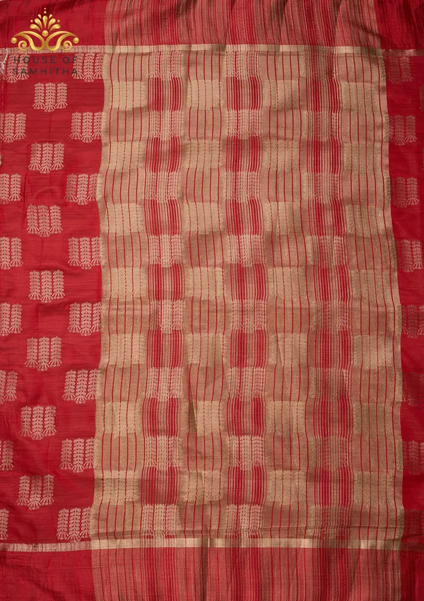Elegant_Crimson_Red_Semi-Tussar_Silk_Saree_With_Antique_Gold_Zari_Butas_And_Floral_Border