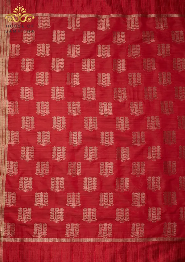 Elegant_Crimson_Red_Semi-Tussar_Silk_Saree_With_Antique_Gold_Zari_Butas_And_Floral_Border