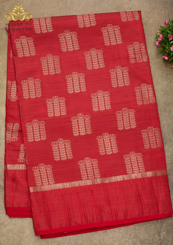 Elegant_Crimson_Red_Semi-Tussar_Silk_Saree_With_Antique_Gold_Zari_Butas_And_Floral_Border