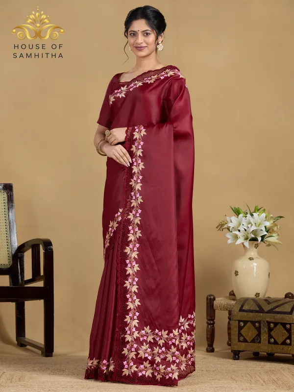Exquisite_Deep_Maroon_Zara_Silk_Saree_With_Delicate_Floral_Embroidery_And_Designer_Cutwork_Border