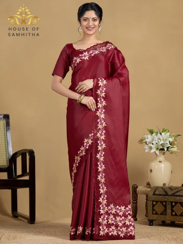 Exquisite_Deep_Maroon_Zara_Silk_Saree_With_Delicate_Floral_Embroidery_And_Designer_Cutwork_Border