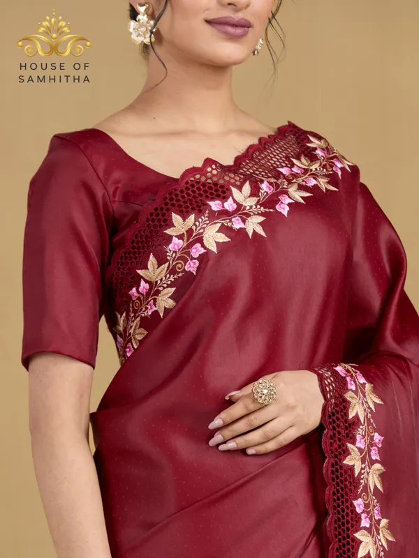 Exquisite_Deep_Maroon_Zara_Silk_Saree_With_Delicate_Floral_Embroidery_And_Designer_Cutwork_Border