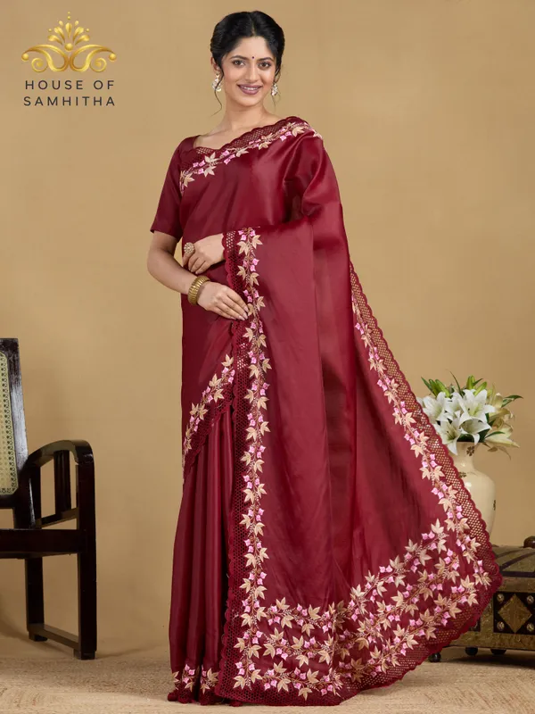 Exquisite_Deep_Maroon_Zara_Silk_Saree_With_Delicate_Floral_Embroidery_And_Designer_Cutwork_Border