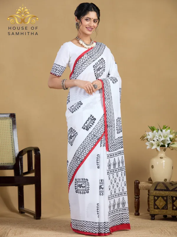 Pristine_White_Pure_Jaipuri_Cotton_Saree_With_Traditional_Hand-Block_Prints_And_Contrast_Border